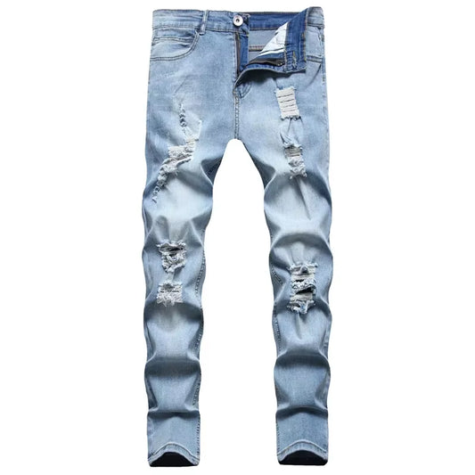 Fashion American Men Summer Patchwork Denim Pants Ripped Cropped Skinny Trouser Ankle-Length Slim Fit Casual Distressed Jeans