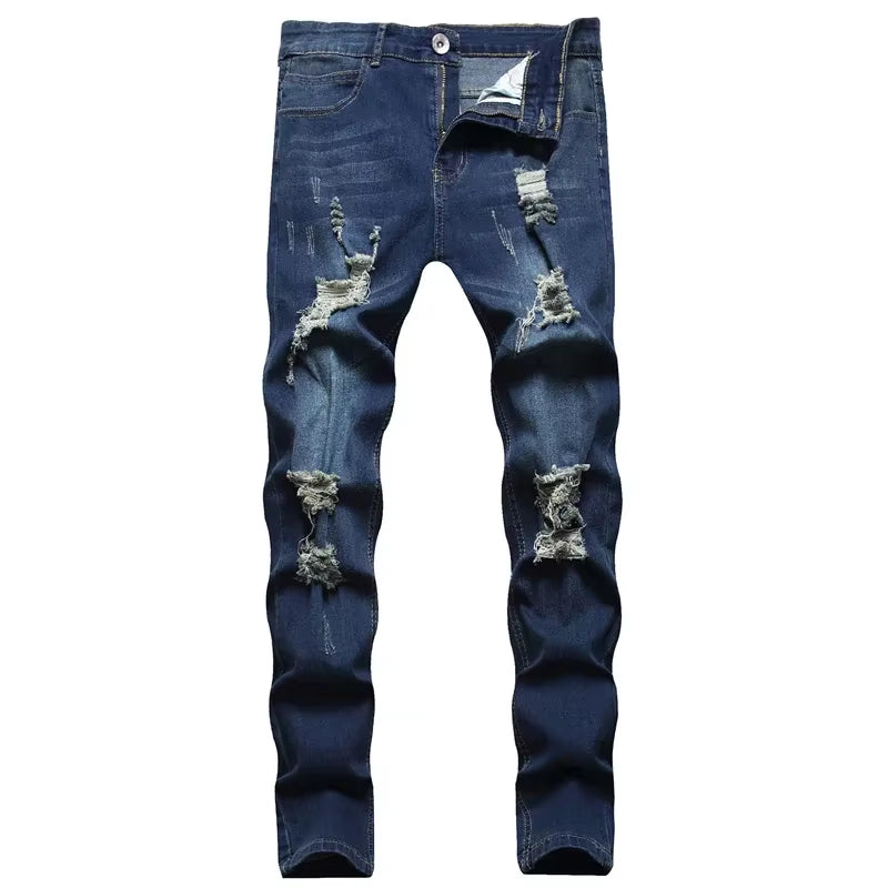 Fashion American Men Summer Patchwork Denim Pants Ripped Cropped Skinny Trouser Ankle-Length Slim Fit Casual Distressed Jeans