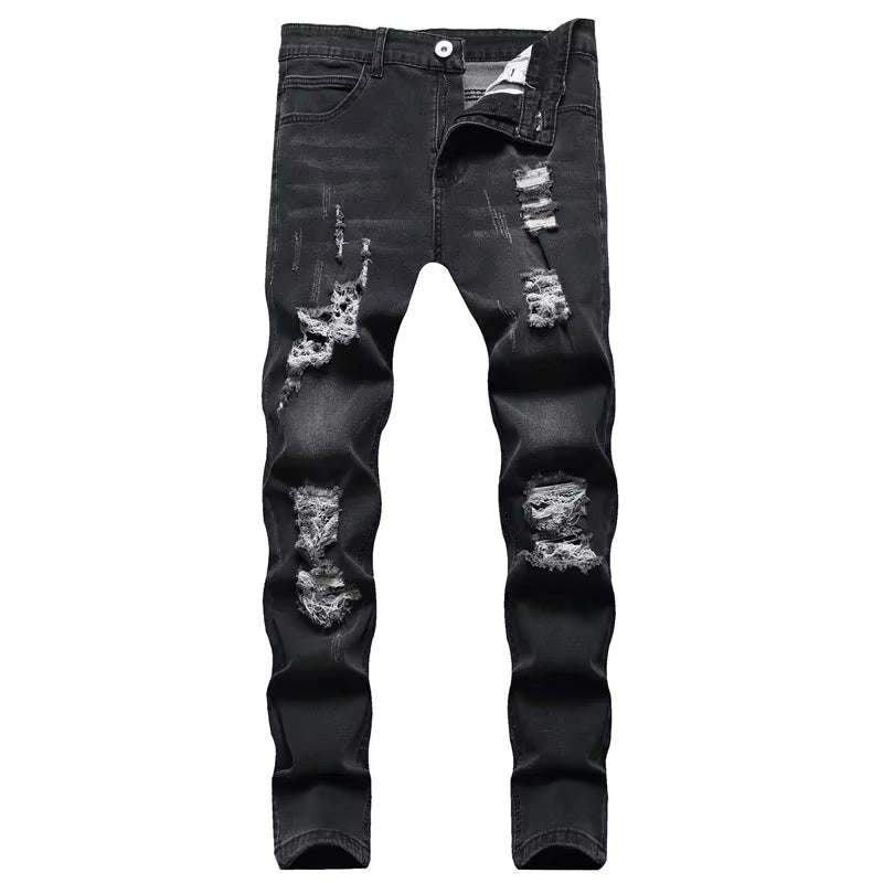 Fashion American Men Summer Patchwork Denim Pants Ripped Cropped Skinny Trouser Ankle-Length Slim Fit Casual Distressed Jeans