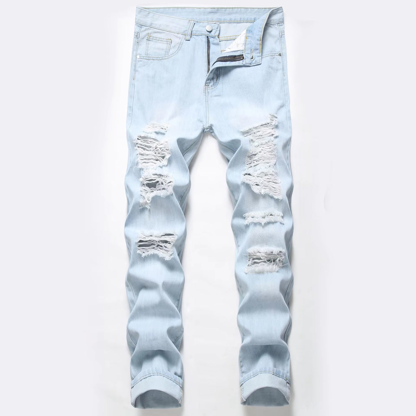 New Style Men'S Knee-Length Ripped Casual Jeans Light Blue Hip-Hop High Street Non-Stretch Straight Slim Denim Trousers Male