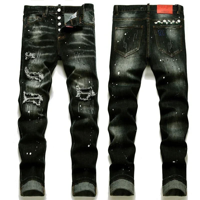 New Fashion Men Black Ripped Denim Jeans Talian High Street Style Denim Pants High Quality Male Slim Fit Denim Trousers Size 38