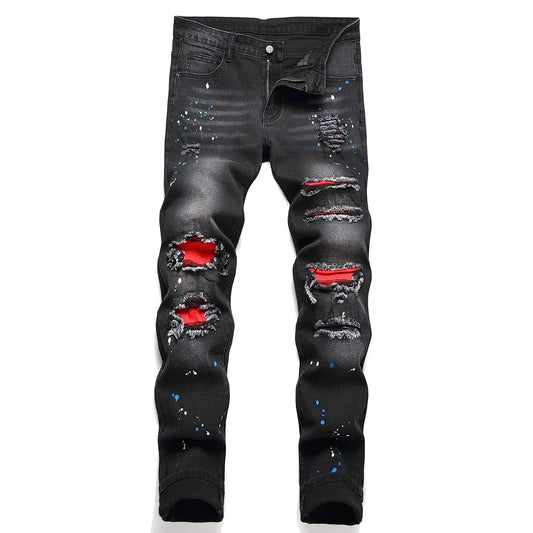 Men Stretchy Ripped Skinny Biker Embroidery Cartoon Print Jeans Destroyed Hole Slim Fit Denim High Quality Hip Hop Black Jeans