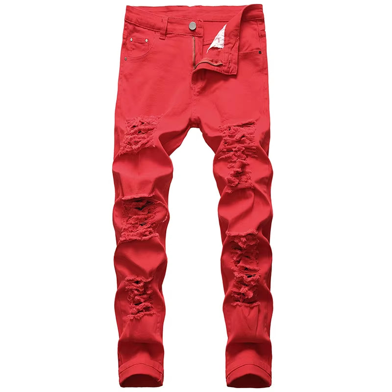 Hole Denim Pants Men'S Tide Brand Ruined Hole Jeans Solid Slim All-Match High Street Hip Hop Trousers Red White Large Size